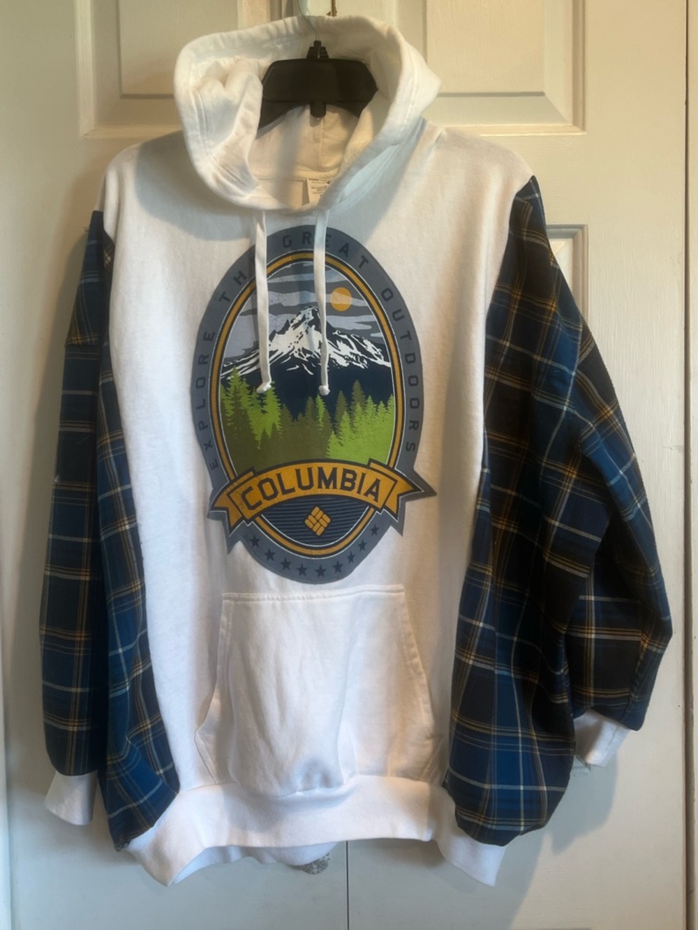 Upcycled Original 💙White Hoodie w Blue Plaid Sleeves & Columbia Outdoor Graphic